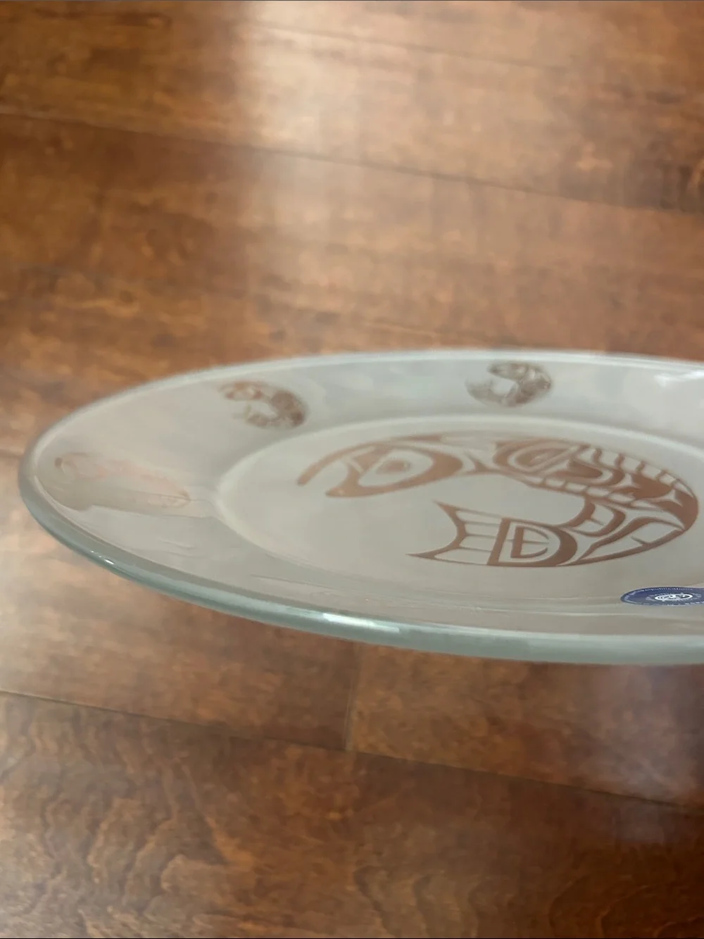 Native Canadian Art, Salmon Clear and Frosted Glass Plate with Salmon Fish